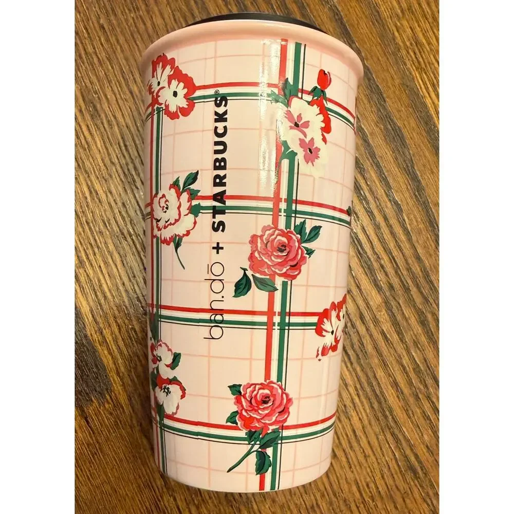 Starbucks ban.do Floral Pink Ceramic Travel Mug Vintage